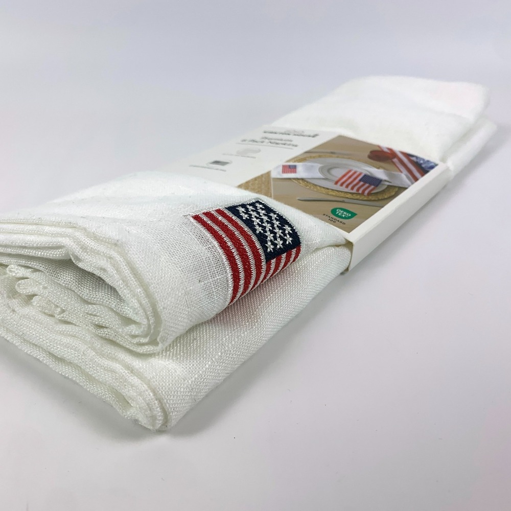 Kirkton Premium Cloth Napkins Pack o 6 White Embroidered American Flag USA 17x17